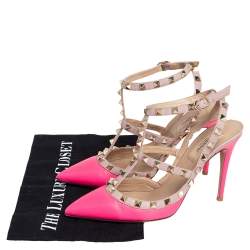 Pre Owned Valentino Pink/Beige Leather Rockstud Sandals Size 38.5 