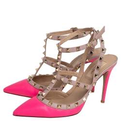Pre Owned Valentino Pink/Beige Leather Rockstud Sandals Size 38.5 