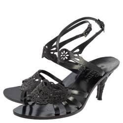 Pre Owned Valentino Black Laser Cut Leather Ankle Wrap Sandals Size 37