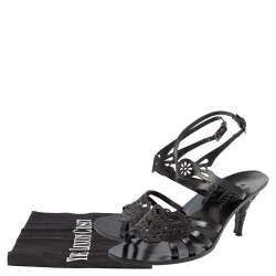 Pre Owned Valentino Black Laser Cut Leather Ankle Wrap Sandals Size 37