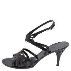 Pre Owned Valentino Black Laser Cut Leather Ankle Wrap Sandals Size 37