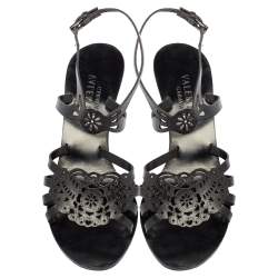 Pre Owned Valentino Black Laser Cut Leather Ankle Wrap Sandals Size 37