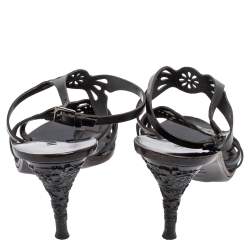 Pre Owned Valentino Black Laser Cut Leather Ankle Wrap Sandals Size 37