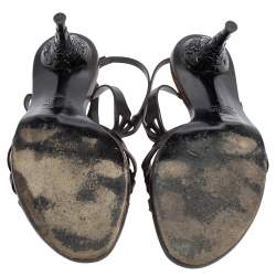 Pre Owned Valentino Black Laser Cut Leather Ankle Wrap Sandals Size 37