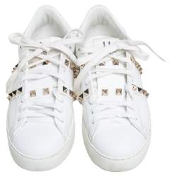 Pre Owned Valentino White Leather Rockstud Low Top Sneakers Size 35.5