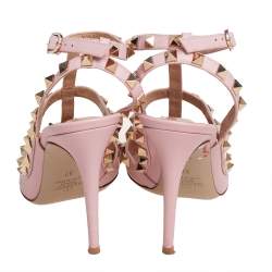 Pre Owned  Valentino Pink Leather Rockstud Caged Sandals Size 37