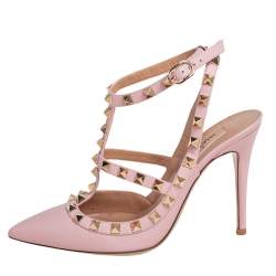 Pre Owned  Valentino Pink Leather Rockstud Caged Sandals Size 37