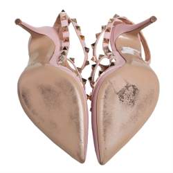 Pre Owned  Valentino Pink Leather Rockstud Caged Sandals Size 37