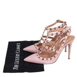 Pre Owned  Valentino Pink Leather Rockstud Caged Sandals Size 37