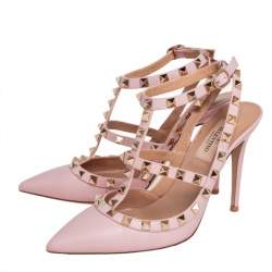 Pre Owned  Valentino Pink Leather Rockstud Caged Sandals Size 37