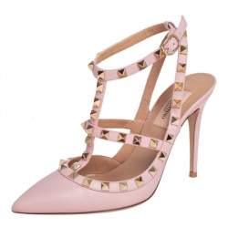 Pre Owned  Valentino Pink Leather Rockstud Caged Sandals Size 37