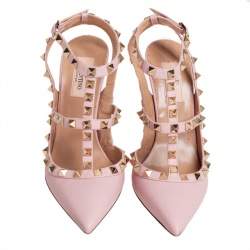 Pre Owned  Valentino Pink Leather Rockstud Caged Sandals Size 37