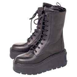 Pre Owned Valentino Black Leather Uniqueform Mid Calf Platform Boots Size 39