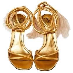 Pre Owned Valentino Gold Leather Ankle Strap Upflair Sandals Size 36