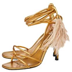 Pre Owned Valentino Gold Leather Ankle Strap Upflair Sandals Size 36