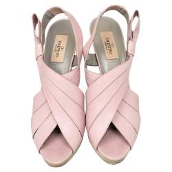 Pre Owned Valentino Pink Leather Bow Peep Toe Slingback Sandals Size 39.5