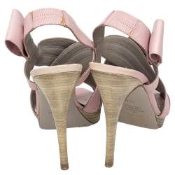 Pre Owned Valentino Pink Leather Bow Peep Toe Slingback Sandals Size 39.5