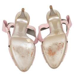 Pre Owned Valentino Pink Leather Bow Peep Toe Slingback Sandals Size 39.5