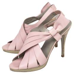 Pre Owned Valentino Pink Leather Bow Peep Toe Slingback Sandals Size 39.5