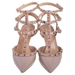 مملوكة مسبقًا Valentino Beige Patent Leather Rockstud Caged Pointed Toe Pumps Size 37.5