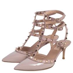 مملوكة مسبقًا Valentino Beige Patent Leather Rockstud Caged Pointed Toe Pumps Size 37.5