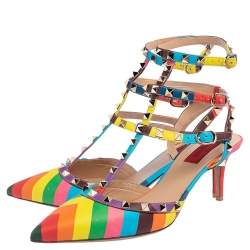 Pre Owned Valentino Multicolor Leather Rockstud 1973 Ankle Strap Sandals Size 40.5