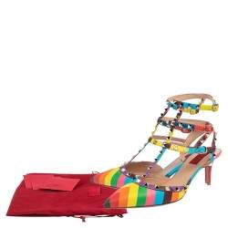 Pre Owned Valentino Multicolor Leather Rockstud 1973 Ankle Strap Sandals Size 40.5