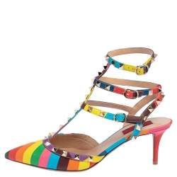 Pre Owned Valentino Multicolor Leather Rockstud 1973 Ankle Strap Sandals Size 40.5