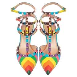 Pre Owned Valentino Multicolor Leather Rockstud 1973 Ankle Strap Sandals Size 40.5