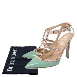 Pre Owned Valentino Green/Beige Leather Rockstud Pointed Toe Ankle Strap Sandals Size 39