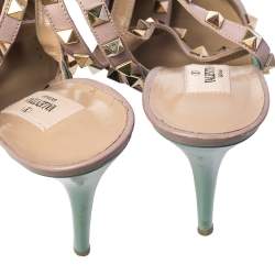 Pre Owned Valentino Green/Beige Leather Rockstud Pointed Toe Ankle Strap Sandals Size 39