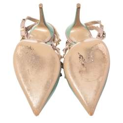 Pre Owned Valentino Green/Beige Leather Rockstud Pointed Toe Ankle Strap Sandals Size 39