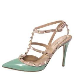 Pre Owned Valentino Green/Beige Leather Rockstud Pointed Toe Ankle Strap Sandals Size 39