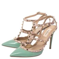 Pre Owned Valentino Green/Beige Leather Rockstud Pointed Toe Ankle Strap Sandals Size 39