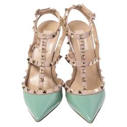 Pre Owned Valentino Green/Beige Leather Rockstud Pointed Toe Ankle Strap Sandals Size 39