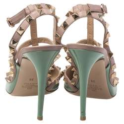 Pre Owned Valentino Green/Beige Leather Rockstud Pointed Toe Ankle Strap Sandals Size 39