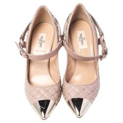Pre Owned Valentino Beige Quilted Leather Rockstud Spike Mary Jane Pumps Size 38.5