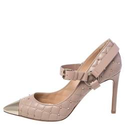 Pre Owned Valentino Beige Quilted Leather Rockstud Spike Mary Jane Pumps Size 38.5