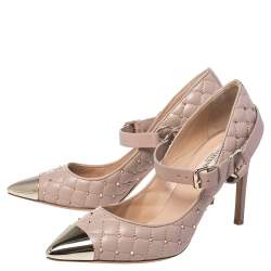 Pre Owned Valentino Beige Quilted Leather Rockstud Spike Mary Jane Pumps Size 38.5