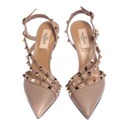 مملوكة مسبقًا Valentino Beige Leather Rockstud Slingback Sandals Size 36
