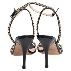 Pre Owned Valentino Black Leather Rockstud Spike Ankle Strap Sandals Size 41.5