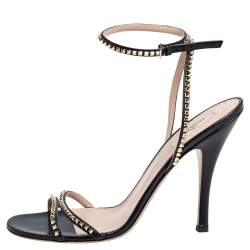 Pre Owned Valentino Black Leather Rockstud Spike Ankle Strap Sandals Size 41.5