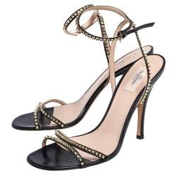 Pre Owned Valentino Black Leather Rockstud Spike Ankle Strap Sandals Size 41.5