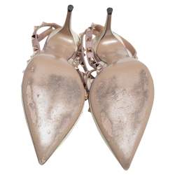 Pre Owned Valentino Cream/Beige Patent Leather and Leather Trim Rockstud  Ankle Strap Sandals Size 38.5