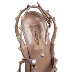 Pre Owned Valentino Cream/Beige Patent Leather and Leather Trim Rockstud  Ankle Strap Sandals Size 38.5