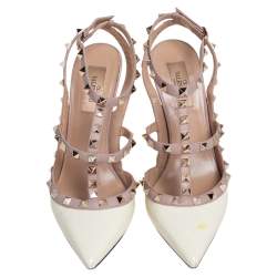 Pre Owned Valentino Cream/Beige Patent Leather and Leather Trim Rockstud  Ankle Strap Sandals Size 38.5