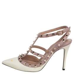 Pre Owned Valentino Cream/Beige Patent Leather and Leather Trim Rockstud  Ankle Strap Sandals Size 38.5