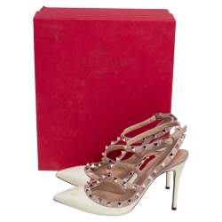 Pre Owned Valentino Cream/Beige Patent Leather and Leather Trim Rockstud  Ankle Strap Sandals Size 38.5