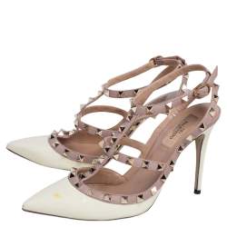 Pre Owned Valentino Cream/Beige Patent Leather and Leather Trim Rockstud  Ankle Strap Sandals Size 38.5