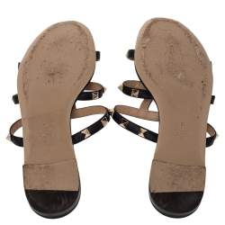 Pre Owned Valentino Black Leather Rockstud Open Toe Flat Slides Size 38